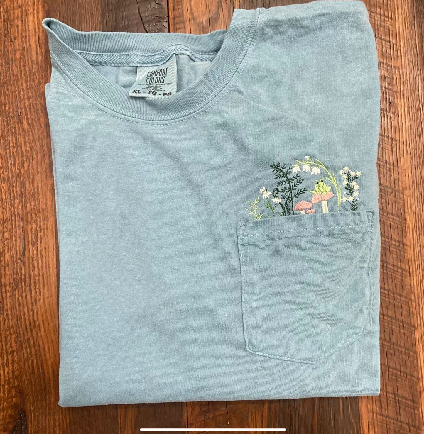 Froggy Mushroom Embroidered Pocket Tee