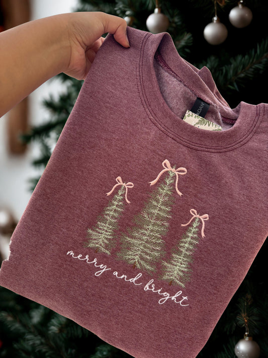 Merry and Bright Dainty Christmas Embroidered Crewneck Sweatshirt