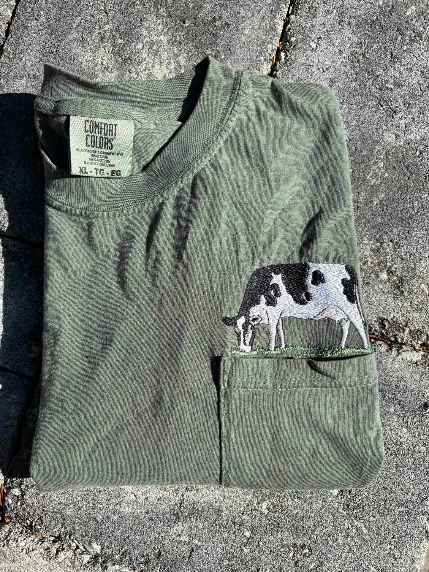 Cow Embroidered Comfort Colors Pocket Tee Casual Comfortable