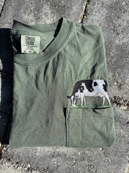 Cow Embroidered Comfort Colors Pocket Tee Casual Comfortable