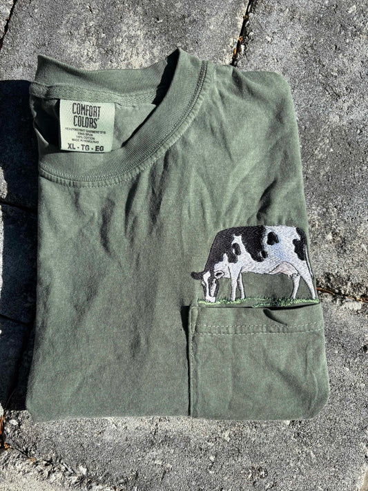 Cow Embroidered Comfort Colors Pocket Tee Casual Comfortable