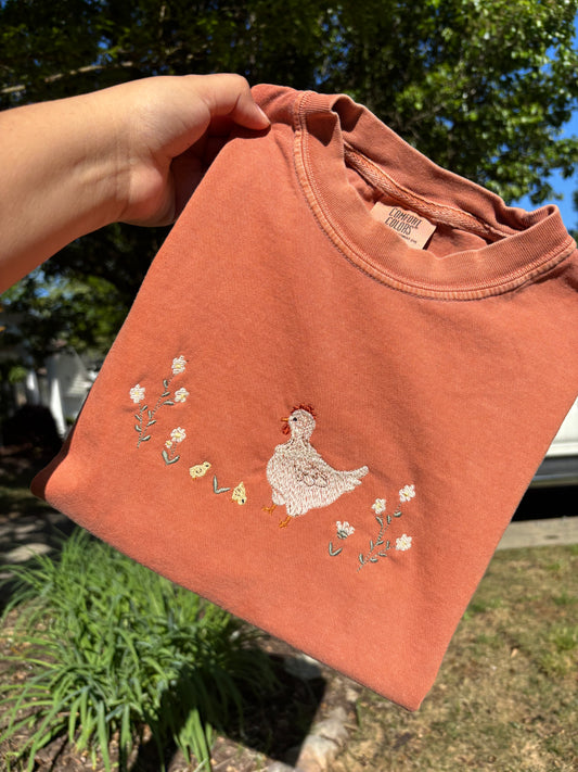 Chicken and Flowers Dainty Embroidery Comfort Colors Tee