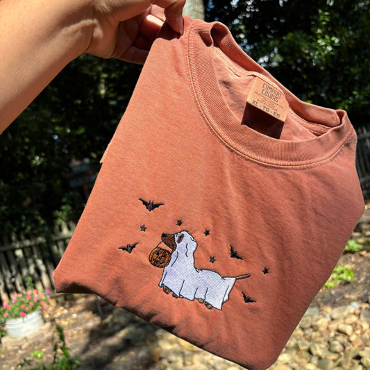 Wiener Dog Ghost Bats Embroidered Comfort Colors Tee