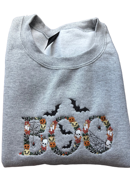 Floral Boo Fall Nature Colored Embroidered Crewneck Sweatshirt