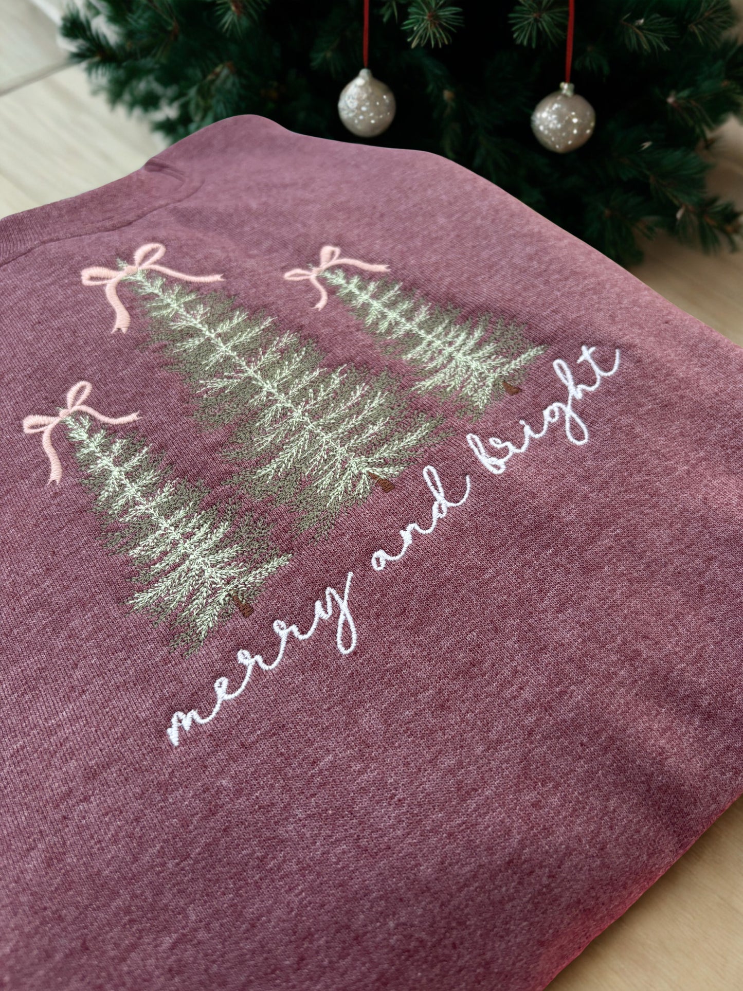 Merry and Bright Dainty Christmas Embroidered Crewneck Sweatshirt